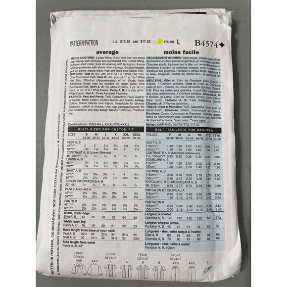 Butterick B4574 Costume Sewing Pattern Musketeer Pirate Robin Hood XL-XXXL NEW - Picture 3 of 6